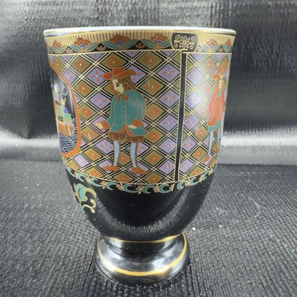 Japanese Oriental Ceramic Goblet Drinking Cups Tumblers Ships Pattern Set 2 Cups